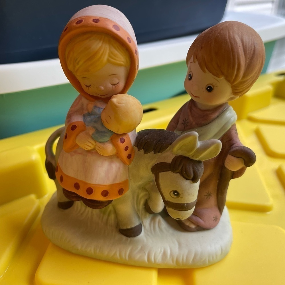 Jesus Mary Joseph Homco Bisque Porcelain Figurine Boy Girl Donkey Nativity 5608.